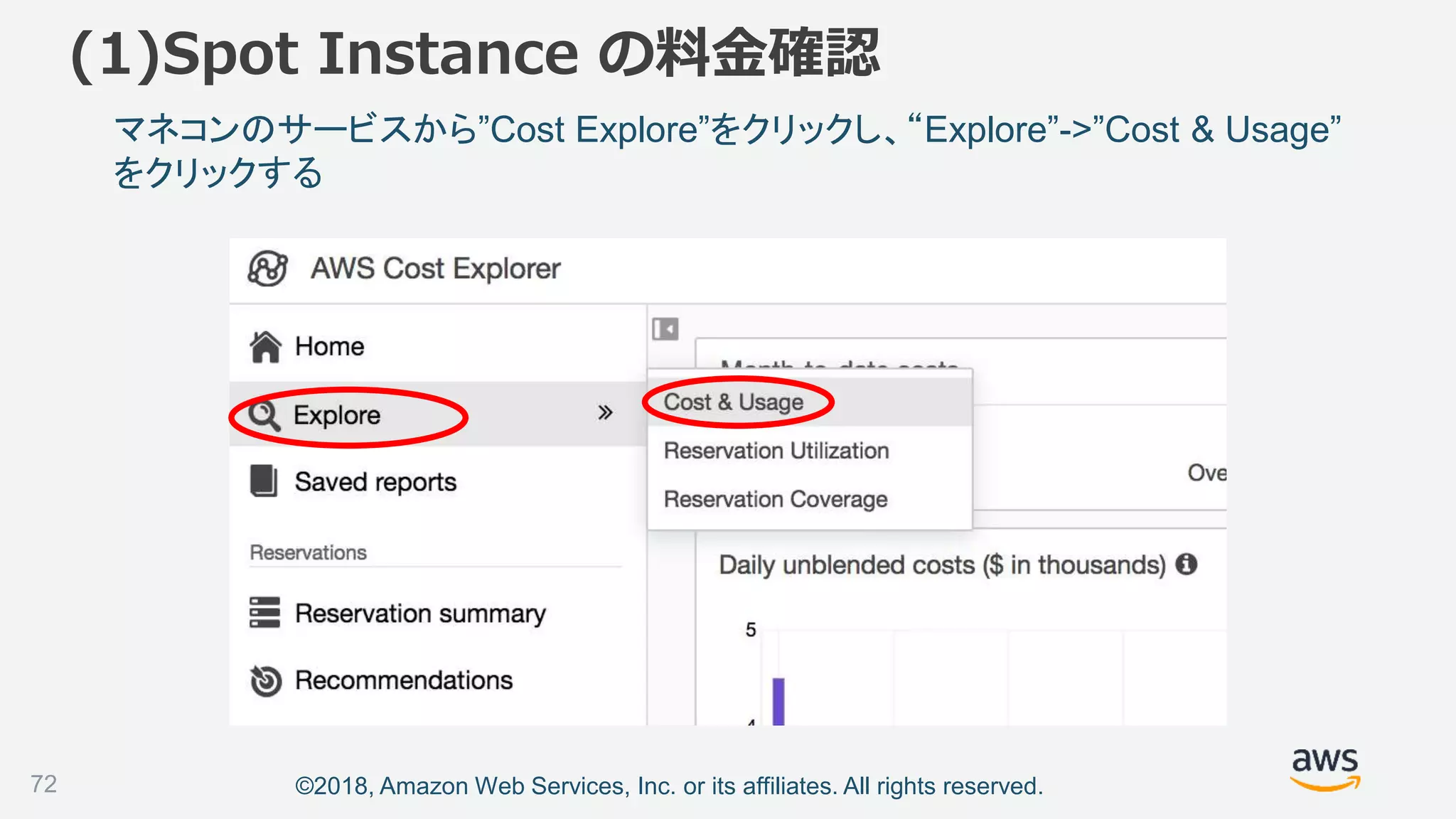 ©2018, Amazon Web Services, Inc. or its affiliates. All rights reserved.72
マネコンのサービスから”Cost Explore”をクリックし、“Explore”->”Cost & Usage”
をクリックする
(1)Spot Instance の料金確認
 