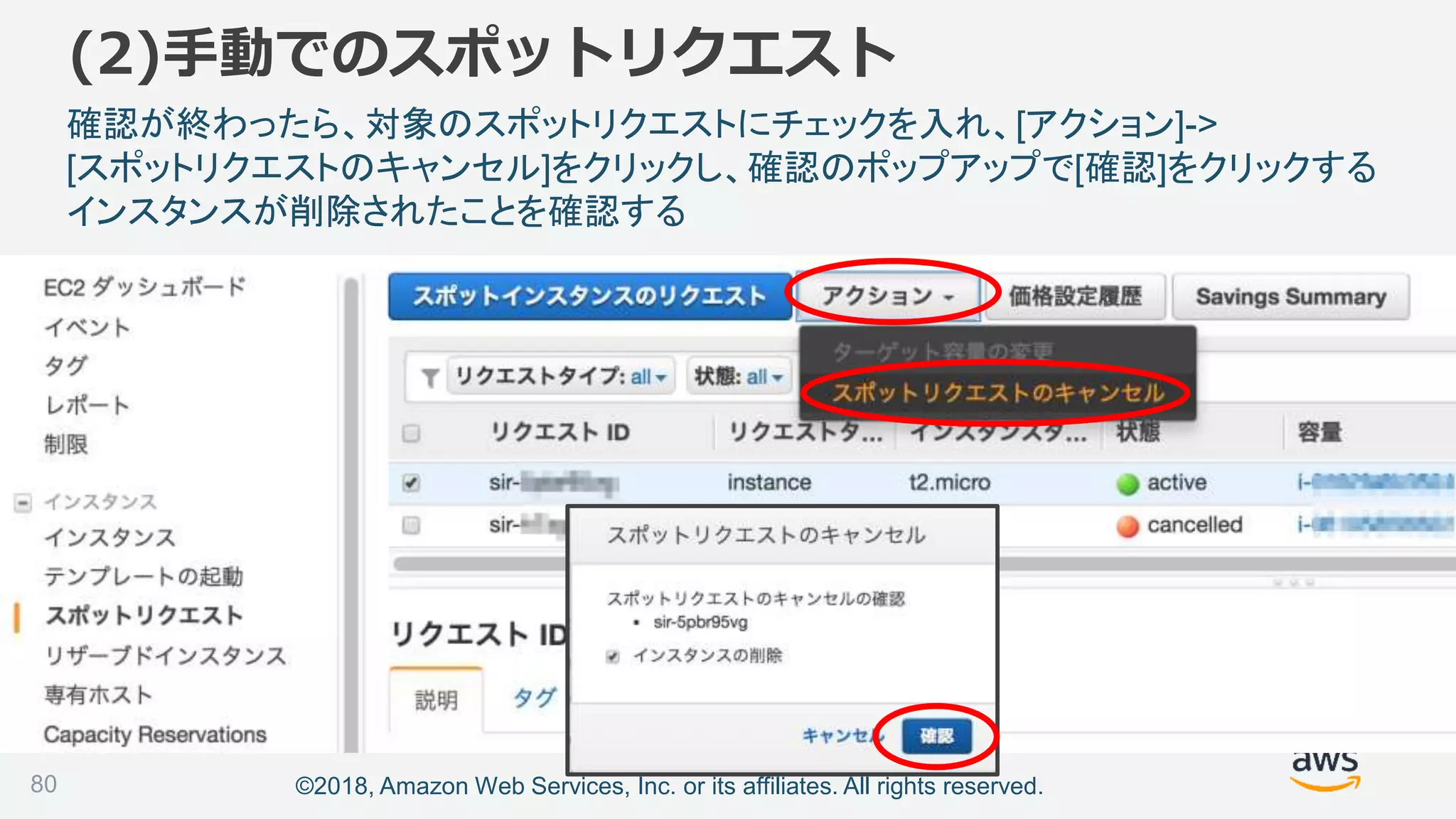 ©2018, Amazon Web Services, Inc. or its affiliates. All rights reserved.80
確認が終わったら、対象のスポットリクエストにチェックを入れ、[アクション]->
[スポットリクエストのキャンセル]をクリックし、確認のポップアップで[確認]をクリックする
インスタンスが削除されたことを確認する
(2)手動でのスポットリクエスト
 