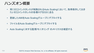 ©2018, Amazon Web Services, Inc. or its affiliates. All rights reserved.
ハンズオン概要
• 常にEC2インスタンスが削除されるAuto Scalingにおいて、取得保存しておき
たいEC2インスタンスの各種ログをS3に送る
• 更新したAMIをAuto Scalingグループにデプロイする
• ファイルをAuto Scalingグループにデプロイする
• Auto Scalingに対する監視/モニタリング のメトリクスを確認する
104
 