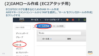 ©2018, Amazon Web Services, Inc. or its affiliates. All rights reserved.
(2)IAMロール作成 (EC2アタッチ用)
demo-minilakeでロール作成
EC2からAmazonESfullアクセスを付与
作成したロールをEC2にアタッチ
EC2がS3にログを書き込むためのIAM ロール作成
AWSマネージメントコンソールから”IAM”を選択し、”ロール”をクリック[ロールの作成]
をクリックする
113
 