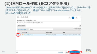©2018, Amazon Web Services, Inc. or its affiliates. All rights reserved.
“AmazonS3FullAceess”にチェックを入れ、[次のステップ]をクリックし、次のページも
[次のステップ]をクリックし、最後に“ロール名”に”handson-as-ec2”と入力し、
[ロールの作成]をクリック
115
(2)IAMロール作成 (EC2アタッチ用)
 