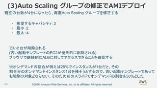 ©2018, Amazon Web Services, Inc. or its affiliates. All rights reserved.140
• 希望するキャパシティ：2
• 最小：2
• 最大：４
現在の台数が4台になったら、再度Auto Scaling グループを修正する
古い２台が削除される
(古い起動テンプレートのEC2が優先的に削除される)
ブラウザで継続的にALBに対してアクセスできることを確認する
※オンデマンドの割合が例えば25%でインスタンスが1台だと、その
割合分のオンデマンドインスタンス1台を残そうとするので、古い起動テンプレートであって
も削除の対象とならない。そのため前のスライドでオンデマンドの割合を50%とした
(3)Auto Scaling グループの修正でAMIデプロイ
 