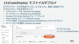 ©2018, Amazon Web Services, Inc. or its affiliates. All rights reserved.146
[デプロイグループの作成]をクリックし、以下を入力し、最後に画面右下の
[デプロイグループの作成]をクリック
• デプロイグループ名：handson-as-depgrp
• サービスロール：handson-as-codedeploy
• Amazon EC2 Auto Scaling グループ：チェック
• Auto Scaling グループ：handson-as-grp
• デプロイ設定：CodeDeployDefault.OneAtATime (1台づつデプロイ)
• ロードバランサを選択：handson-as-target
(4)CodeDeploy でファイルデプロイ
デプロイタイプは
インプレイスかBlue/Green
 