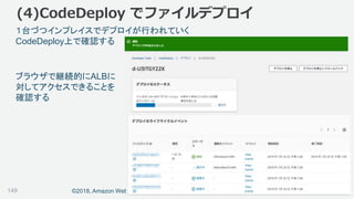 ©2018, Amazon Web Services, Inc. or its affiliates. All rights reserved.149
１台づつインプレイスでデプロイが行われていく
CodeDeploy上で確認する
ブラウザで継続的にALBに
対してアクセスできることを
確認する
(4)CodeDeploy でファイルデプロイ
 