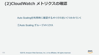 ©2018, Amazon Web Services, Inc. or its affiliates. All rights reserved.
(2)CloudWatch メトリクスの確認
158
Auto Scalingを利用時に確認するメトリクスをいくつかみていく
①Auto Scaling グループメトリクス
 