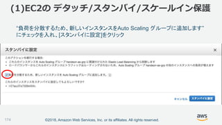©2018, Amazon Web Services, Inc. or its affiliates. All rights reserved.174
“負荷を分散するため、新しいインスタンスをAuto Scaling グループに追加します”
にチェックを入れ、[スタンバイに設定]をクリック
(1)EC2の デタッチ/スタンバイ/スケールイン保護
 