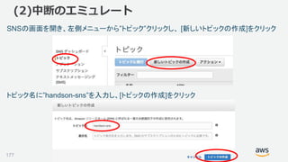 ©2018, Amazon Web Services, Inc. or its affiliates. All rights reserved.
(2)中断のエミュレート
177
SNSの画面を開き、左側メニューから”トピック”クリックし、 [新しいトピックの作成]をクリック
トピック名に”handson-sns”を入力し、[トピックの作成]をクリック
 