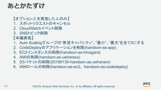 ©2018, Amazon Web Services, Inc. or its affiliates. All rights reserved.
あとかたずけ
【オプション-2 を実施した人のみ】
1. スポットリクエストのキャンセル
2. CloudWatchイベント削除
3. SNSトピック削除
【本編実施】
1. Auto Scalingグループの”希望キャパシティ”、”最小”、”最大”を全て0にする
2. CodeDeployのアプリケーションを削除(handson-as-app)
3. EC2インスタンスの削除(handson-as-hinagara)
4. AMIの削除(handson-as-ueharaxx)
5. S3バケットの削除(20190130-handson-as-ueharaxx)
6. IAMロールの削除(handson-as-ec2、 handson-as-codedeploy)
186
 