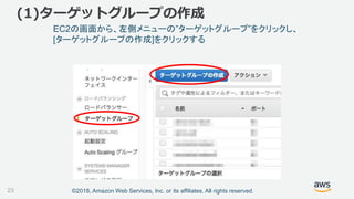 ©2018, Amazon Web Services, Inc. or its affiliates. All rights reserved.
EC2の画面から、左側メニューの”ターゲットグループ”をクリックし、
[ターゲットグループの作成]をクリックする
(1)ターゲットグループの作成
23
 