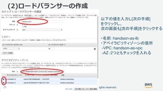 ©2018, Amazon Web Services, Inc. or its affiliates. All rights reserved.
以下の値を入力し[次の手順]
をクリックし、
次の画面も[次の手順]をクリックする
・名前：handson-as-lb
・アベイラビリティゾーンの箇所
-VPC：handson-as-vpc
-AZ：2つともチェックを入れる
(2)ロードバランサーの作成
26
 