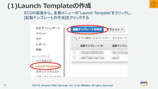 ©2018, Amazon Web Services, Inc. or its affiliates. All rights reserved.
EC2の画面から、左側メニューの”Launch Template”をクリックし、
[起動テンプレートの作成]をクリックする
(1)Launch Templateの作成
35
①
 