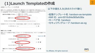 ©2018, Amazon Web Services, Inc. or its affiliates. All rights reserved.
以下の値を入力(次のスライド続く)
・起動テンプレート名：handson-as-template
・AMI ID： ami-0010c84e565efc06a
・キーペア名：handson
・セキュリティグループ：handson-as-sg
(1)Launch Templateの作成
36
①
 