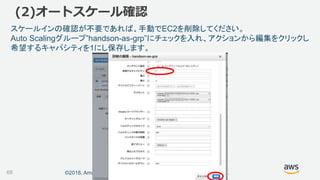 ©2018, Amazon Web Services, Inc. or its affiliates. All rights reserved.
スケールインの確認が不要であれば、手動でEC2を削除してください。
Auto Scalingグループ”handson-as-grp”にチェックを入れ、アクションから編集をクリックし
希望するキャパシティを1にし保存します。
68
(2)オートスケール確認
 