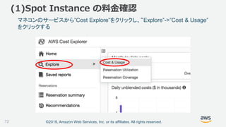 ©2018, Amazon Web Services, Inc. or its affiliates. All rights reserved.72
マネコンのサービスから”Cost Explore”をクリックし、“Explore”->”Cost & Usage”
をクリックする
(1)Spot Instance の料金確認
 