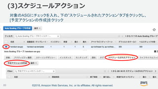 ©2018, Amazon Web Services, Inc. or its affiliates. All rights reserved.86
(3)スケジュールアクション
対象のASGにチェックを入れ、下の”スケジュールされたアクション”タブをクリックし、
[予定アクションの作成]をクリック
 