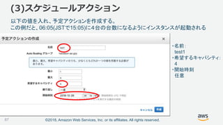 ©2018, Amazon Web Services, Inc. or its affiliates. All rights reserved.87
(3)スケジュールアクション
以下の値を入れ、予定アクションを作成する。
この例だと、06:05(JSTで15:05)に４台の台数になるようにインスタンスが起動される
・名前：
test1
・希望するキャパシティ：
4
・開始時刻
任意
 