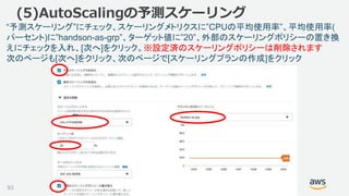 ©2018, Amazon Web Services, Inc. or its affiliates. All rights reserved.93
(5)AutoScalingの予測スケーリング
“予測スケーリング”にチェック、スケーリングメトリクスに”CPUの平均使用率”、平均使用率(
パーセント)に”handson-as-grp”、ターゲット値に”20”、外部のスケーリングポリシーの置き換
えにチェックを入れ、[次へ]をクリック。※設定済のスケーリングポリシーは削除されます
次のページも[次へ]をクリック、次のページで[スケーリングプランの作成]をクリック
 