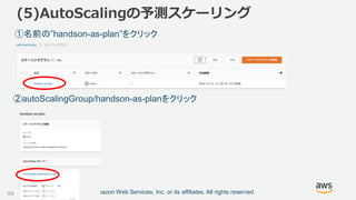©2018, Amazon Web Services, Inc. or its affiliates. All rights reserved.94
(5)AutoScalingの予測スケーリング
①名前の”handson-as-plan”をクリック
②autoScalingGroup/handson-as-planをクリック
 