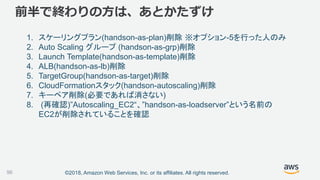 ©2018, Amazon Web Services, Inc. or its affiliates. All rights reserved.
前半で終わりの方は、あとかたずけ
1. スケーリングプラン(handson-as-plan)削除 ※オプション-5を行った人のみ
2. Auto Scaling グループ (handson-as-grp)削除
3. Launch Template(handson-as-template)削除
4. ALB(handson-as-lb)削除
5. TargetGroup(handson-as-target)削除
6. CloudFormationスタック(handson-autoscaling)削除
7. キーペア削除(必要であれば消さない)
8. (再確認)”Autoscaling_EC2“、”handson-as-loadserver”という名前の
EC2が削除されていることを確認
96
 
