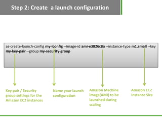 Step 2: Create a launch configuration




as-create-launch-config my-lconfig --image-id ami-e3826c8a --instance-type m1.small --key
my-key-pair --group my-security-group




Key pair / Security         Name your launch     Amazon Machine           Amazon EC2
group settings for the      configuration        image(AMI) to be         Instance Size
Amazon EC2 instances                             launched during
                                                 scaling
 