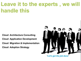 Leave it to the experts , we will
handle this



Cloud Architecture Consulting
Cloud Application Development
Cloud Migration & Implementation
Cloud Adoption Strategy


                                   “Let's get the job done”
 