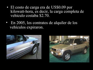 • El costo de carga era de US$0.09 por
kilowatt-hora, es decir, la carga completa de
vehiculo costaba $2.70.
• En 2005, los contratos de alquiler de los
vehículos expiraron.
 