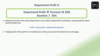 Department Profit %
Department Profit ➗ Turnover (X 100)
Baseline: 〉35%
 Department profit of the service department is also called as department contribution, operating profit, direct
profit & bottom line.
Profit = Gross profit – department expenses
 Keeping track of the profit % on monthly basis so that you can see the trends that are emerging.
 