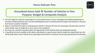 Hours Sold per Parc
Annualized Hours Sold ➗ Number of Vehicles in Parc
Purpose: Budget & Composite Analysis
 This KPI might be useful for assessing the current performance in hours sold against the fellow dealerships or
the total market potential, but it can be misleading because it’s influenced by the age of the vehicles in the parc
& of course customer retention.
 Keep in mind that this statics is utilizing every vehicle in the parc & if you are assessing a 10 years parc some of
these vehicle may no longer be in your area or even existence.
 You have ask yourself a question about the age profile of the vehicles that your dealership attracts.
 It would be far more variable to this statics calculated on a year-by-year basis & model-by-model basis too, this
will provide with a more realistic & accurate figure with which to measure the territory penetration & retention.
 