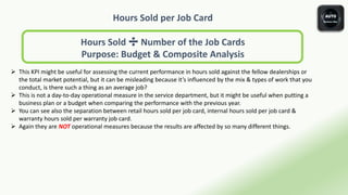 Hours Sold per Job Card
Hours Sold ➗ Number of the Job Cards
Purpose: Budget & Composite Analysis
 This KPI might be useful for assessing the current performance in hours sold against the fellow dealerships or
the total market potential, but it can be misleading because it’s influenced by the mix & types of work that you
conduct, is there such a thing as an average job?
 This is not a day-to-day operational measure in the service department, but it might be useful when putting a
business plan or a budget when comparing the performance with the previous year.
 You can see also the separation between retail hours sold per job card, internal hours sold per job card &
warranty hours sold per warranty job card.
 Again they are NOT operational measures because the results are affected by so many different things.
 