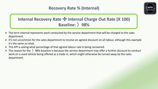 Recovery Rate % (Internal)
Internal Recovery Rate ➗ Internal Charge Out Rate (X 100)
Baseline: 〉98%
 The term internal represents work conducted by the service department that will be charged to the sales
department.
 It’s not uncommon for the sales department to receive an agreed discount on all labour, although this example
it’s the same as retail.
 This KPI is asking what percentage of that agreed labour rate is being recovered.
 The reason for the 〉98% baseline is because the service department may offer a further discount to conduct
work on a used vehicle being offered as a trade in, which might otherwise be turned away by the sales
department.
 