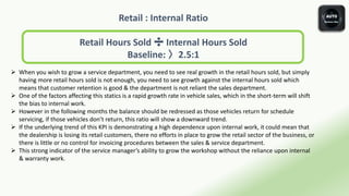 Retail : Internal Ratio
Retail Hours Sold ➗ Internal Hours Sold
Baseline: 〉2.5:1
 When you wish to grow a service department, you need to see real growth in the retail hours sold, but simply
having more retail hours sold is not enough, you need to see growth against the internal hours sold which
means that customer retention is good & the department is not reliant the sales department.
 One of the factors affecting this statics is a rapid growth rate in vehicle sales, which in the short-term will shift
the bias to internal work.
 However in the following months the balance should be redressed as those vehicles return for schedule
servicing, if those vehicles don’t return, this ratio will show a downward trend.
 If the underlying trend of this KPI is demonstrating a high dependence upon internal work, it could mean that
the dealership is losing its retail customers, there no efforts in place to grow the retail sector of the business, or
there is little or no control for invoicing procedures between the sales & service department.
 This strong indicator of the service manager’s ability to grow the workshop without the reliance upon internal
& warranty work.
 