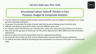 Service Sales per Parc Unit
Annualized Labour Sales➗ Vehicle in Parc
Purpose: Budget & Composite Analysis
 This KPI need to thoroughly examine & fully understand before make any judgement whatsoever as it makes
some far-searching assumption.
 Its purpose it to ascertain the value of service sales that you are achieving across the vehicle parc.
 Different manufactures account for vehicle parc over different spans time.
 For instance, some manufactures use a five-year parc, some use a seven-year parc & others use ten years.
 Also note that the age span of vehicle parc for the service department is often different to that of the parts
department.
 Be sure to obtain the correct interpretation from the respective manufacture.
 Of course the Service Sales per Parc Unit are influenced by customer retention & parc penetration.
 Its useful & accurate method of calculating territory penetration is to measure vehicle parc on a year-by-year
basis.
 