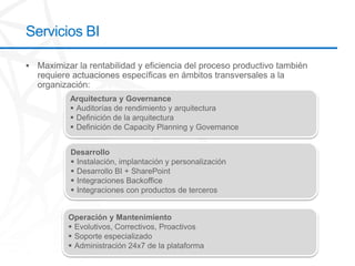 Servicios BI



       Arquitectura y Governance
        Auditorías de rendimiento y arquitectura
        Definición de la arquitectura
        Definición de Capacity Planning y Governance


       Desarrollo
        Instalación, implantación y personalización
        Desarrollo BI + SharePoint
        Integraciones Backoffice
        Integraciones con productos de terceros


      Operación y Mantenimiento
       Evolutivos, Correctivos, Proactivos
       Soporte especializado
       Administración 24x7 de la plataforma
 