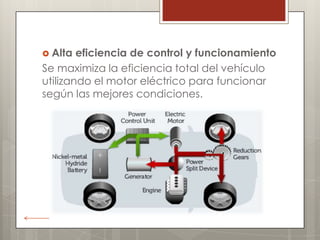  Alta  eficiencia de control y funcionamiento
Se maximiza la eficiencia total del vehículo
utilizando el motor eléctrico para funcionar
según las mejores condiciones.
 