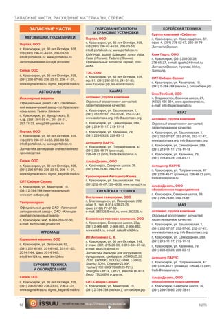 ЗАПАСНЫЕ ЧАСТИ, РАСХОДНЫЕ МАТЕРИАЛЫ, СЕРВИС
52 6 (85)читайте нас на http://issuu.com/autosila
ЗАПАСНЫЕ ЧАСТИ
АВТОВЫШКИ, ПОДЪЕМНИКИ
Портал, ООО
г. Красноярск, ул. 60 лет Октября, 105,
т/ф (391) 236-97-44/55, 236-03-53;
info@portalkrsk.ru; www.portalkrsk.ru
Автоподъемники Socage (Италия)
Сигма, ООО
г. Красноярск, ул. 60 лет Октября, 105,
(391) 236-57-80, 236-23-93, 236-41-01,
www.sigma-kras.ru, sigma_kagan@mail.ru
АВТОКРАНЫ
Инженерные машины
Официальный дилер ОАО «Челябинс-
кий механический завод» по Красноярс-
кому краю, Тыве и Хакасии
г. Красноярск, ул. Мусоргского, 8,
т./ф. (391) 201-59-04, 201-59-21,
297-71-33, emcg24@yandex.ru
Портал, ООО
г. Красноярск, ул. 60 лет Октября, 105,
т/ф (391) 236-97-44/55, 236-03-53;
info@portalkrsk.ru; www.portalkrsk.ru
Запчасти к автокранам отечественного
производства
Сигма, ООО
г. Красноярск, ул. 60 лет Октября, 105,
(391) 236-57-80, 236-23-93, 236-41-01,
www.sigma-kras.ru, sigma_kagan@mail.ru
СИТ-Сибири-Сервис
г. Красноярск, ул. Авиаторов, 19,
(391) 2-784-784 (многоканальный)
www.сит-сибири.рф
Техпромсервис
Официальный дилер ОАО «Галичский
автокрановый завод», ОАО «Клинцов-
ский автокрановый завод»
г. Красноярск, моб. 8-963-259-02-30,
e-mail: techps24@gmail.com
АГРОМАШ
Карьерные машины, ООО
г. Красноярск, ул. Затонская, 62,
(391) 201-61-61, 201-61-62, 201-61-63,
201-61-64, факс 201-61-65,
info@km124.ru, www.km124.ru
БУРОВАЯ ТЕХНИКА
И ОБОРУДОВАНИЕ
Сигма, ООО
г. Красноярск, ул. 60 лет Октября, 105,
(391) 236-57-80, 236-23-93, 236-41-01,
www.sigma-kras.ru, sigma_kagan@mail.ru
ГИДРОМАНИПУЛЯТОРЫ
И КРАНОВЫЕ УСТАНОВКИ
Портал, ООО
г. Красноярск, ул. 60 лет Октября, 105,
т/ф (391) 236-97-44/55, 236-03-53;
info@portalkrsk.ru; www.portalkrsk.ru
КМУ Hiab, Multilift (Швеция), Amco Veba,
Fassi (Италия), Tadano (Япония).
Оригинальные запчасти, сервис, про-
дажа.
ТЭС, ООО
г. Красноярск, ул. 60 лет Октября, 105,
оф. 81, (391) 292-02-18, 241-51-35,
www.тэс-кран.рф, tes-kran@mail.ru
КАМАЗ
Автомакс, группа компаний
Огромный ассортимент запчастей,
гарантированное качество.
г. Красноярск, ул. Башиловская, 1,
(391) 252-57-57, 252-57-00, 252-57-47,
www.automaxx.org, info@automaxx.org
г. Красноярск, ул. Семафорная, 289,
(391) 219-11-17, 219-11-18
г. Красноярск, ул. Калинина, 79,
(391) 228-63-28, 228-63-13
Автоцентр ПАРУС
г. Красноярск, ул. Пограничников, 47
(391) 226-48-71 (розница),
226-48-73 (опт), trade@krasparus.ru
АльфаДизель, ООО
г. Красноярск, Северное шоссе, 39,
(391) 299-78-80, 299-78-81
Красноярский Автоцентр Камаз
г. Красноярск, ул. Башиловская, 10а
(391) 252-09-67, 226-48-56, www.kamaz24.ru
КИТАЙСКАЯ ТЕХНИКА
Восточные технологии, ООО
г. Благовещенск, ул. Пионерская, 202,
офис 5, тел. 8-914-538-23-25,
факс (4162) 77-37-85
e-mail: 382325@mail.ru, www.382325.ru
Енисейская торговая компания, ООО
г. Красноярск, Северное шоссе, 23д,
(391) 2-966-881, 2-966-883, 2-966-882,
www.etk24.ru, e-mail: sales@etk24.ru
ИП Антоненко С. А.
г. Красноярск, ул. 60 лет Октября, 148,
2 этаж, (391) 215-26-00, 8-913-834-97-52,
e-mail: asa535@mail.ru
Запчасти и фильтры для погрузчиков,
бульдозеров, грейдеров: XCMG (ZL30,
ZL50, LW300F), SDLG (LG936, LG952),
Shantui SD16, Changlin ZL30F,
Yuchai (YC6108G/YC6B125-T21),
Shanghai D6114, C6121, Weichai WD615,
Deutz TD226B-6 и других.
СИТ-Сибири-Сервис
г. Красноярск, ул. Авиаторов, 19,
(391) 2-784-784 (мн/кан.), сит-сибири.рф
КОРЕЙСКАЯ ТЕХНИКА
Группа компаний «Сибавто»
г. Красноярск, ул. Краснодарская, 37,
офис 4, (391) 276-62-67, 250-38-78
Запчасти Doosan.
Квик Партс, ООО
г. Красноярск, (391) 208-36-38,
276-65-27, e-mail: qparts24@mail.ru
Запчасти Doosan, Hyundai, Volvo,
Samsung.
СИТ-Сибири-Сервис
г. Красноярск, ул. Авиаторов, 19,
(391) 2-784-784 (мн/кан.), сит-сибири.рф
СпецТехСнаб, ООО
г. Владивосток, Военное шоссе, 27,
(4232) 425-324, www.spectexsnab.ru,
e-mail: info@spectexsnab.ru
КРАЗ
Автомакс, группа компаний
Огромный ассортимент запчастей,
гарантированное качество.
г. Красноярск, ул. Башиловская, 1,
(391) 252-57-57, 252-57-00, 252-57-47,
www.automaxx.org, info@automaxx.org
г. Красноярск, ул. Семафорная, 289,
(391) 219-11-17, 219-11-18
г. Красноярск, ул. Калинина, 79,
(391) 228-63-28, 228-63-13
Автоцентр ПАРУС
г. Красноярск, ул. Пограничников, 47
(391) 226-48-71 (розница), 226-48-73 (опт),
trade@krasparus.ru
АльфаДизель, ООО
обособленное подразделение
г. Красноярск, Северное шоссе, 39,
(391) 299-78-80, 299-78-81
МАЗ
Автомакс, группа компаний
Огромный ассортимент запчастей,
гарантированное качество.
г. Красноярск, ул. Башиловская, 1,
(391) 252-57-57, 252-57-00, 252-57-47,
www.automaxx.org, info@automaxx.org
г. Красноярск, ул. Семафорная, 289,
(391) 219-11-17, 219-11-18
г. Красноярск, ул. Калинина, 79,
(391) 228-63-28, 228-63-13
Автоцетр ПАРУС
г. Красноярск, ул. Пограничников, 47
(391) 226-48-71 (розница), 226-48-73 (опт),
trade@krasparus.ru
АльфаДизель, ООО
обособленное подразделение
г. Красноярск, Северное шоссе, 39,
(391) 299-78-80, 299-78-81
 