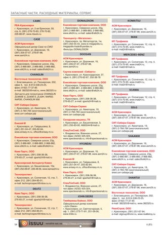 ЗАПАСНЫЕ ЧАСТИ, РАСХОДНЫЕ МАТЕРИАЛЫ, СЕРВИС
54 6 (85)читайте нас на http://issuu.com/autosila
CAMC
РБА-Красноярск
г. Красноярск, ул. 2-ая Брянская, 59,
стр. 6, (391) 278-70-83, 278-70-82,
226-88-87, www.rbauto.ru
CASE
АСМ Красноярск
Официальный дилер Case по СФО
г. Красноярск, ул. Дорожная, 16,
(391) 205-07-07, 278-87-98,
www.asm24.ru
Енисейская торговая компания, ООО
г. Красноярск, Северное шоссе, 23д,
(391) 2-966-881, 2-966-883, 2-966-882,
www.etk24.ru, e-mail: sales@etk24.ru
CHANGLIN
Восточные технологии, ООО
г. Благовещенск, ул. Пионерская, 202,
офис 5, тел. 8-914-538-23-25,
факс (4162) 77-37-85
e-mail: 382325@mail.ru, www.382325.ru
Запчасти для погрузчиков CHANGLIN
ZLM50E-5, ZLM30-5, ZL50H, NAR50,
NAR30, CHANGLIN 956
СИТ-Сибири-Сервис
г. Красноярск, ул. Авиаторов, 19,
(391) 2-784-784 (многоканальный)
www.сит-сибири.рф
CUMMINS
Енисей-М
г. Красноярск, ул. Гайдашовка, 8,
(391) 251-04-47, 205-82-84,
www.enisey-m.ru, office@enisey-m.ru
Енисейская торговая компания, ООО
г. Красноярск, Северное шоссе, 23д,
(391) 2-966-881, 2-966-883, 2-966-882,
www.etk24.ru, e-mail: sales@etk24.ru
Квик Партс, ООО
г. Красноярск, (391) 208-36-38,
276-65-27, e-mail: qparts24@mail.ru
Красноярский Автоцентр Камаз
г. Красноярск, ул. Башиловская, 10а
(391) 252-09-67, 226-48-56, www.kamaz24.ru
Технопроспект
г. Красноярск, ул. Солнечная, 12, стр. 7,
офис 212, (391) 264-85-01,
e-mail: technoprospect@inbox.ru.ru
DEUTZ
Квик Партс, ООО
г. Красноярск, (391) 208-36-38,
276-65-27, e-mail: qparts24@mail.ru
Технопроспект
г. Красноярск, ул. Солнечная, 12, стр. 7,
офис 212, (391) 264-85-01,
e-mail: technoprospect@inbox.ru.ru
DONALDSON
Енисейская торговая компания, ООО
г. Красноярск, Северное шоссе, 23д,
(391) 2-966-881, 2-966-883, 2-966-882,
www.etk24.ru, e-mail: sales@etk24.ru
Техноцентр «Мегаполис»
г. Красноярск, пр. Металлургов, 1м,
(391) 202-55-44, www.tc-megapolis.ru,
megapolis-trade@yandex.ru
Фильтры DONALDSON
DOOSAN
АСМ Красноярск
г. Красноярск, ул. Дорожная, 16,
(391) 205-07-07, 278-87-98,
www.asm24.ru
Группа компаний «Сибавто»
г. Красноярск, ул. Краснодарская, 37,
офис 4, (391) 276-62-67, 250-38-78
Енисейская торговая компания, ООО
г. Красноярск, Северное шоссе, 23д,
(391) 2-966-881, 2-966-883, 2-966-882,
www.etk24.ru, e-mail: sales@etk24.ru
Квик Партс, ООО
г. Красноярск, (391) 208-36-38,
276-65-27, e-mail: qparts24@mail.ru
СИТ-Сибири-Сервис
г. Красноярск, ул. Авиаторов, 19,
(391) 2-784-784 (многоканальный)
www.сит-сибири.рф
Складские машины, ТК
г. Красноярск, ул. Башиловская, 3,
(391) 250-83-00, A665544@mail.ru
СпецТехСнаб, ООО
г. Владивосток, Военное шоссе, 27,
тел./факс (4232) 425-324,
www.spectexsnab.ru, info@spectexsnab.ru
HYUNDAI
АСМ Красноярск
г. Красноярск, ул. Дорожная, 16,
(391) 205-07-07, 278-87-98, www.asm24.ru
Енисей-М
г. Красноярск, ул. Гайдашовка, 8,
(391) 251-04-47, 205-82-84,
www.enisey-m.ru, office@enisey-m.ru
Квик Партс, ООО
г. Красноярск, (391) 208-36-38,
276-65-27, e-mail: qparts24@mail.ru
СпецТехСнаб, ООО
г. Владивосток, Военное шоссе, 27,
тел./факс (4232) 425-324,
www.spectexsnab.ru, info@spectexsnab.ru
JOHN DEERE
Тимбермаш Байкал, ООО
Официальный дилер компании
«John Deere»
г. Красноярск, ул. Светлогорская, 5,
оф. 1, (391) 273-71-81, 251-09-56,
www.tmbk.ru
KOMATSU
АСМ Красноярск
г. Красноярск, ул. Дорожная, 16,
(391) 205-07-07, 278-87-98, www.asm24.ru
MAN
ИП Трофимов
г. Красноярск, ул. Солнечная, 12, стр. 4,
(321) 273-70-95, www.trial24.ru,
e-mail: trial24@mail.ru
MERCEDES-BENZ
ИП Трофимов
г. Красноярск, ул. Солнечная, 12, стр. 4,
(321) 273-70-95, www.trial24.ru,
e-mail: trial24@mail.ru
RENAULT
ИП Трофимов
г. Красноярск, ул. Солнечная, 12, стр. 4,
(321) 273-70-95, www.trial24.ru,
e-mail: trial24@mail.ru
SCANIA
ИП Трофимов
г. Красноярск, ул. Солнечная, 12, стр. 4,
(321) 273-70-95, www.trial24.ru,
e-mail: trial24@mail.ru
SDLG
АСМ Красноярск
г. Красноярск, ул. Дорожная, 16,
(391) 205-07-07, 278-87-98, www.asm24.ru
СИТ-Сибири-Сервис
г. Красноярск, ул. Авиаторов, 19,
(391) 2-784-784 (многоканальный)
www.сит-сибири.рф
SHAANXI
АСМ Красноярск
г. Красноярск, ул. Дорожная, 16,
(391) 205-07-07, 278-87-98, www.asm24.ru
Енисейская торговая компания, ООО
г. Красноярск, Северное шоссе, 23д,
(391) 2-966-881, 2-966-883, 2-966-882,
www.etk24.ru, e-mail: sales@etk24.ru
СИТ-Сибири-Сервис
г. Красноярск, ул. Авиаторов, 19,
(391) 2-784-784 (многоканальный)
www.сит-сибири.рф
SHANTUI
АСМ Красноярск
г. Красноярск, ул. Дорожная, 16,
(391) 205-07-07, 278-87-98, www.asm24.ru
Восточные технологии, ООО
г. Благовещенск, ул. Пионерская, 202,
офис 5, тел. 8-914-538-23-25,
факс (4162) 77-37-85
e-mail: 382325@mail.ru, www.382325.ru
РеалСтрой, ООО
г. Красноярск, (391) 251-67-94;
e-mail: stgroup@krsn.ru, www.reallstroy.ru
 