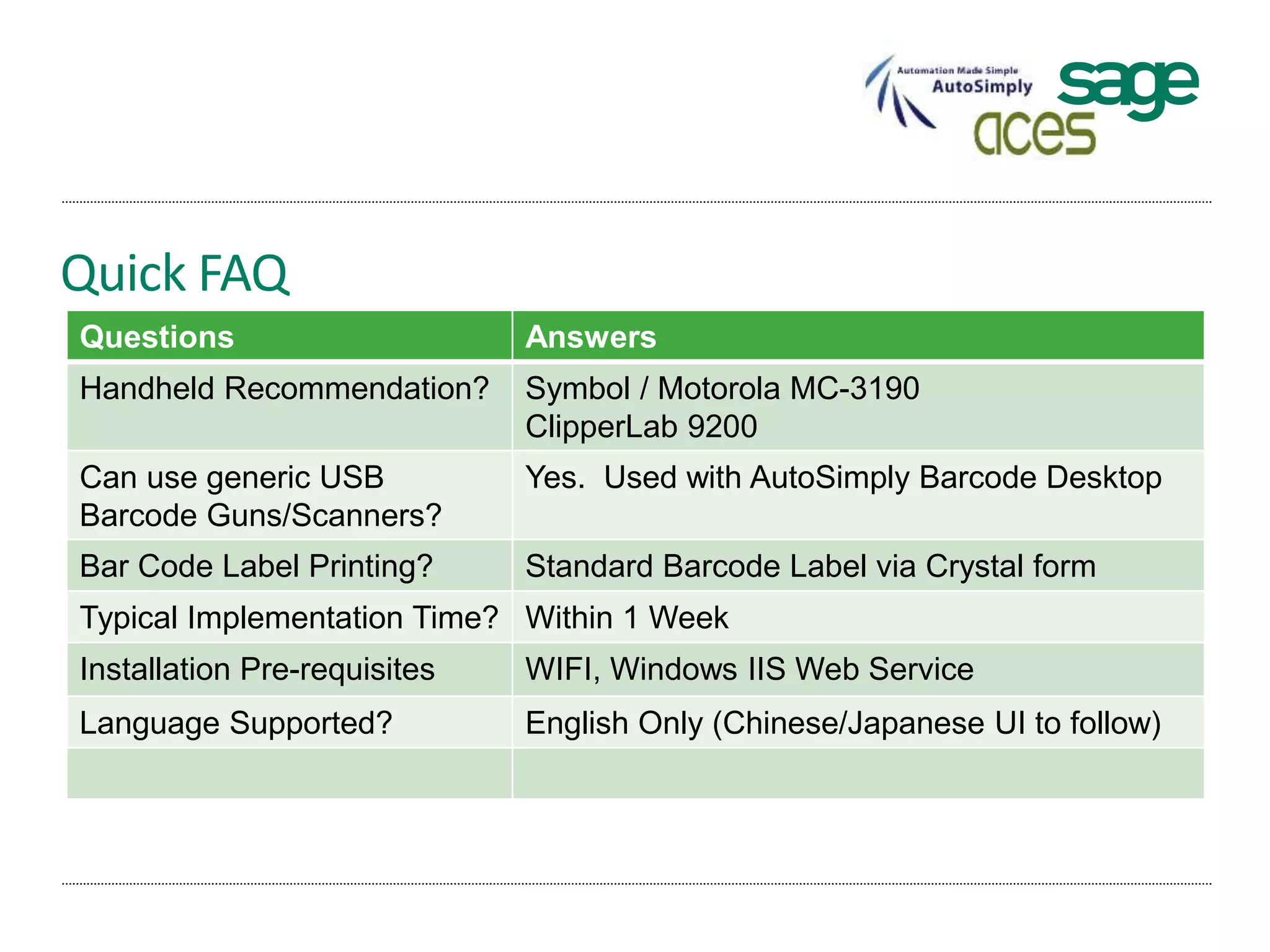 Quick FAQ
Questions Answers
Handheld Recommendation? Symbol / Motorola MC-3190
ClipperLab 9200
Can use generic USB
Barcode Guns/Scanners?
Yes. Used with AutoSimply Barcode Desktop
Bar Code Label Printing? Standard Barcode Label via Crystal form
Typical Implementation Time? Within 1 Week
Installation Pre-requisites WIFI, Windows IIS Web Service
Language Supported? English Only (Chinese/Japanese UI to follow)
 