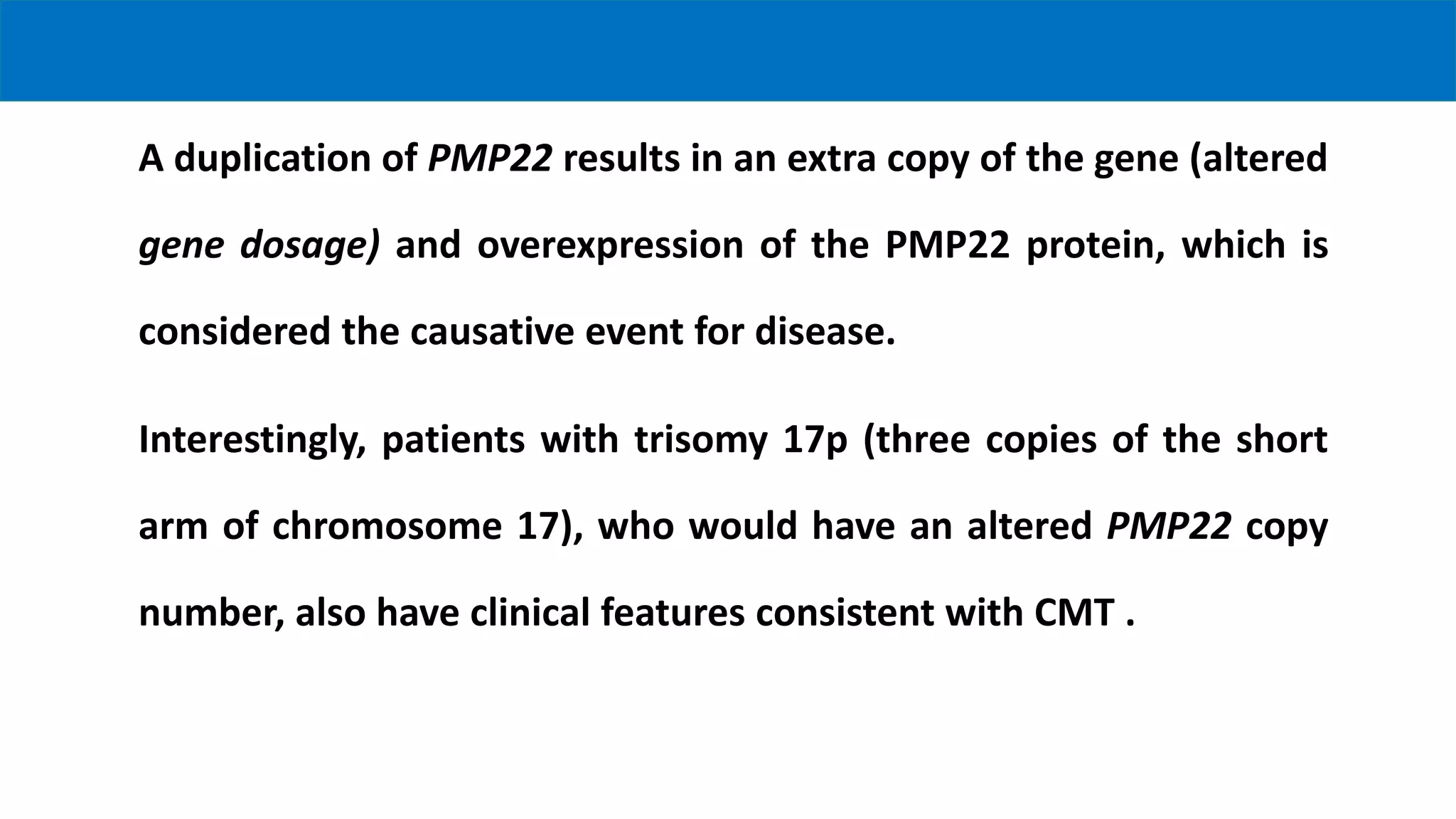 A duplication of PMP22 results in an extra copy of the gene (altered
gene dosage) and overexpression of the PMP22 protein, which is
considered the causative event for disease.
Interestingly, patients with trisomy 17p (three copies of the short
arm of chromosome 17), who would have an altered PMP22 copy
number, also have clinical features consistent with CMT .
 