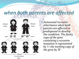 when both parents are affected
 Autosomal recessive
inheritance when both
parents are affected or
predisposed to develop
the condition. The faulty
copy of the gene
containing a recessive
mutation is represented
by ‘r’; the working copy of
the gene by ‘R’.
 