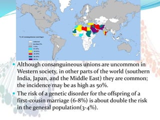  Although consanguineous unions are uncommon in
Western society, in other parts of the world (southern
India, Japan, and the Middle East) they are common;
the incidence may be as high as 50%.
 The risk of a genetic disorder for the offspring of a
first-cousin marriage (6-8%) is about double the risk
in the general population(3-4%).
 