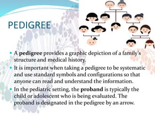 PEDIGREE
 A pedigree provides a graphic depiction of a family’s
structure and medical history.
 It is important when taking a pedigree to be systematic
and use standard symbols and configurations so that
anyone can read and understand the information.
 In the pediatric setting, the proband is typically the
child or adolescent who is being evaluated. The
proband is designated in the pedigree by an arrow.
 