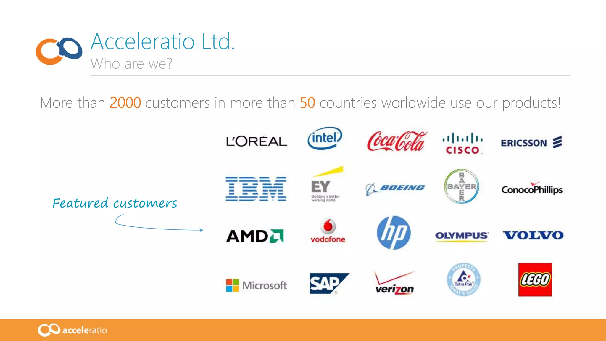 More than 2000 customers in more than 50 countries worldwide use our products!
Acceleratio Ltd.
Who are we?
Featured customers
 