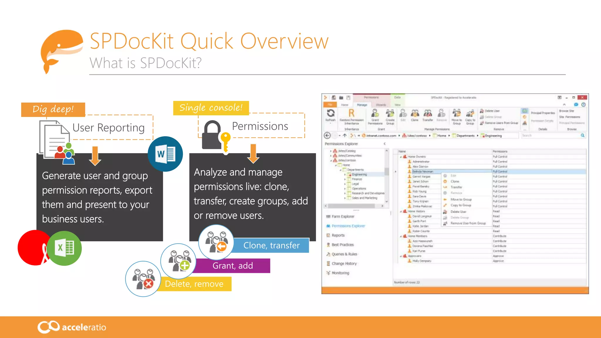 Grant, add
Delete, remove
Clone, transfer
Generate user and group
permission reports, export
them and present to your
business users.
Analyze and manage
permissions live: clone,
transfer, create groups, add
or remove users.
User Reporting Permissions
Dig deep! Single console!
SPDocKit Quick Overview
What is SPDocKit?
 