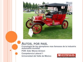 Autos, por pais. Cronología de los ejemplares mas famosos de la industria automotriz mundial.  POR: Eder Moran Arrizon Competencia Laboral 1  Universidad del Valle de México  