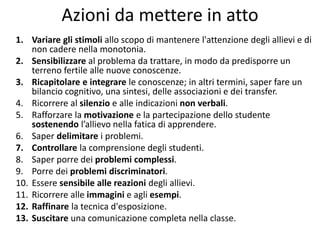 Azioni da mettere in atto
1. Variare gli stimoli allo scopo di mantenere l'attenzione degli allievi e di
non cadere nella monotonia.
2. Sensibilizzare al problema da trattare, in modo da predisporre un
terreno fertile alle nuove conoscenze.
3. Ricapitolare e integrare le conoscenze; in altri termini, saper fare un
bilancio cognitivo, una sintesi, delle associazioni e dei transfer.
4. Ricorrere al silenzio e alle indicazioni non verbali.
5. Rafforzare la motivazione e la partecipazione dello studente
sostenendo l’allievo nella fatica di apprendere.
6. Saper delimitare i problemi.
7. Controllare la comprensione degli studenti.
8. Saper porre dei problemi complessi.
9. Porre dei problemi discriminatori.
10. Essere sensibile alle reazioni degli allievi.
11. Ricorrere alle immagini e agli esempi.
12. Raffinare la tecnica d'esposizione.
13. Suscitare una comunicazione completa nella classe.
 