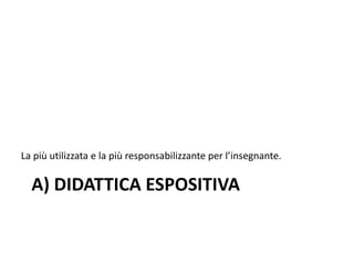 A) DIDATTICA ESPOSITIVA
La più utilizzata e la più responsabilizzante per l’insegnante.
 