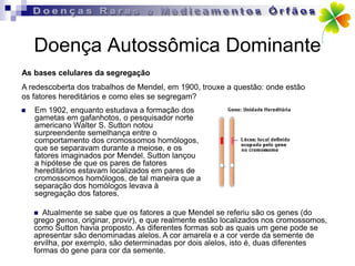 Doença Autossômica Dominante
As bases celulares da segregação
A redescoberta dos trabalhos de Mendel, em 1900, trouxe a questão: onde estão
os fatores hereditários e como eles se segregam?
   Em 1902, enquanto estudava a formação dos
    gametas em gafanhotos, o pesquisador norte
    americano Walter S. Sutton notou
    surpreendente semelhança entre o
    comportamento dos cromossomos homólogos,
    que se separavam durante a meiose, e os
    fatores imaginados por Mendel. Sutton lançou
    a hipótese de que os pares de fatores
    hereditários estavam localizados em pares de
    cromossomos homólogos, de tal maneira que a
    separação dos homólogos levava à
    segregação dos fatores.

      Atualmente se sabe que os fatores a que Mendel se referiu são os genes (do
    grego genos, originar, provir), e que realmente estão localizados nos cromossomos,
    como Sutton havia proposto. As diferentes formas sob as quais um gene pode se
    apresentar são denominadas alelos. A cor amarela e a cor verde da semente de
    ervilha, por exemplo, são determinadas por dois alelos, isto é, duas diferentes
    formas do gene para cor da semente.
 