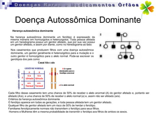 Doença Autossômica Dominante
   Herança autossômica dominante

 Na herança autossômica dominante um fenótipo é expressado da
 mesma maneira em homozigotos e heterozigotos. Toda pessoa afetada
 em um heredograma possui um genitor afetado, que por sua vez possui
 um genitor afetado, e assim por diante, como no heredograma ao lado:

 Nos casamentos que produzem filhos com uma doença autossômica
 dominante, um genitor geralmente é heterozigótico para a mutação e o
 outro genitor é homozigótico para o alelo normal. Pode-se escrever os
 genótipos dos pais como:




Cada filho desse casamento tem uma chance de 50% de receber o alelo anormal (A) do genitor afetado e, portanto ser
afetado (A/a), e uma chance de 50% de receber o alelo normal (a) e, assim não ser afetado (a/a).
Critérios da herança autossômica dominante
O fenótipo aparece em todas as gerações, e toda pessoa afetada tem um genitor afetado.
Qualquer filho de genitor afetado tem um risco de 50% de herdar o fenótipo.
Familiares fenotipicamente normais não transmitem o fenótipo para seus filhos.
Homens e Mulheres têm a mesma probabilidade de transmitir o fenótipo aos filhos de ambos os sexos.
 