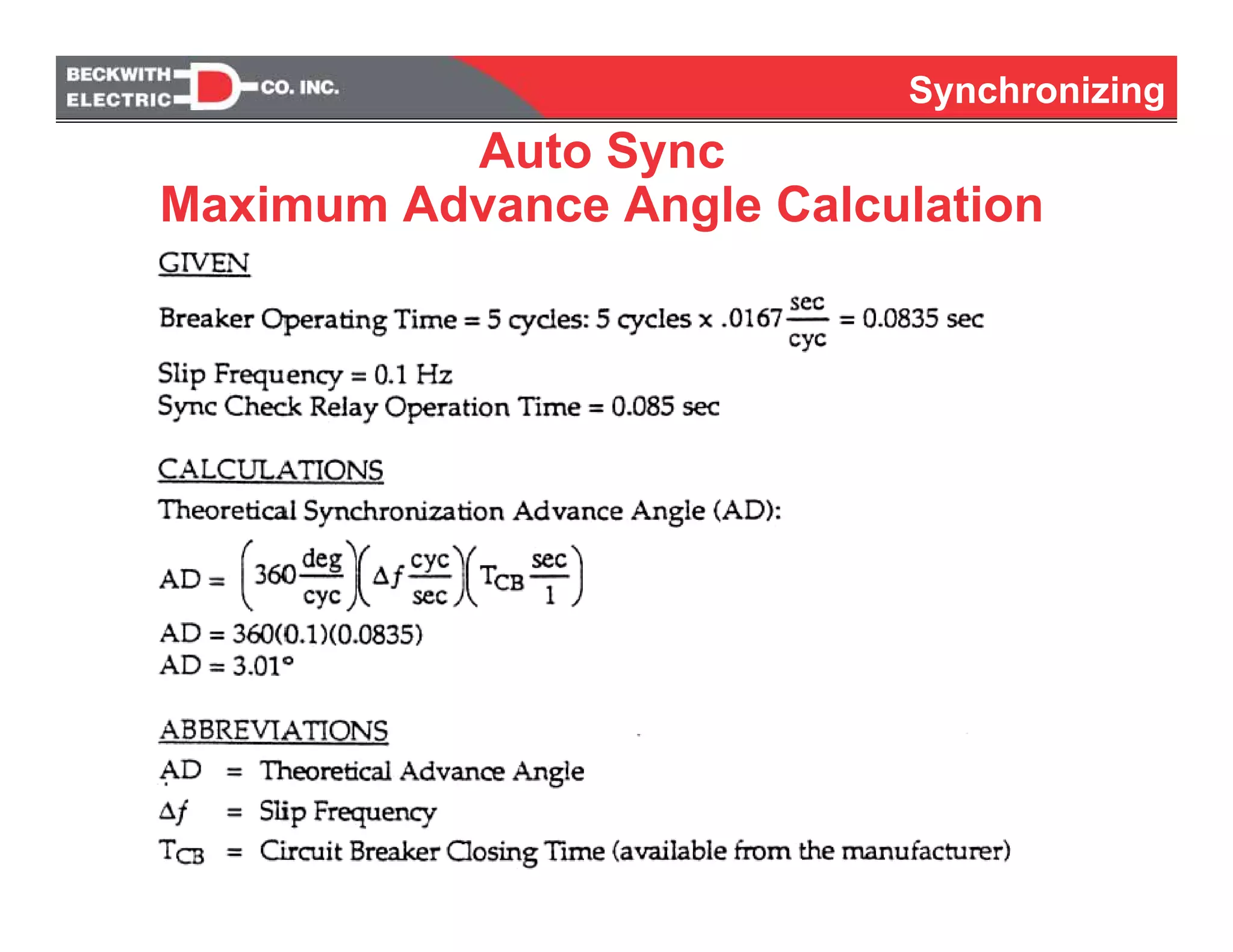 Synchronizing
Auto Sync
Maximum Advance Angle Calculation
 