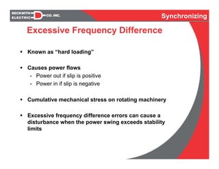 Synchronizing
Excessive Frequency Difference
Known as “hard loading”
Causes power flows
- Power out if slip is positive
- Power in if slip is negative
Cumulative mechanical stress on rotating machinery
Excessive frequency difference errors can cause a
disturbance when the power swing exceeds stability
limits
Synchronizing
 